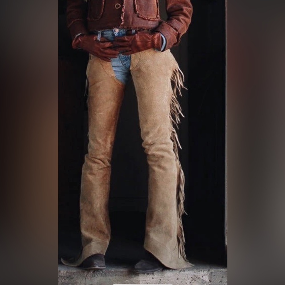 Vintage real suede leather fringed unisex western chaps in sand/tan color ~Small